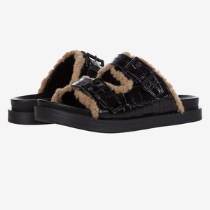 Aerosoles Olivia Women’s Black Croc Leather Fur Trim Sandal Size 7.5 NWT